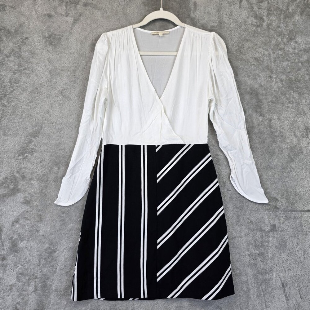 Maje Dress Womens Large Black White Long Sleeve Striped Colorblock V Neck France